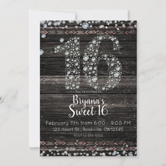 Hout Diamond Bling 16 Zestien Verjaardag Party Fot Kaart (Voorkant)