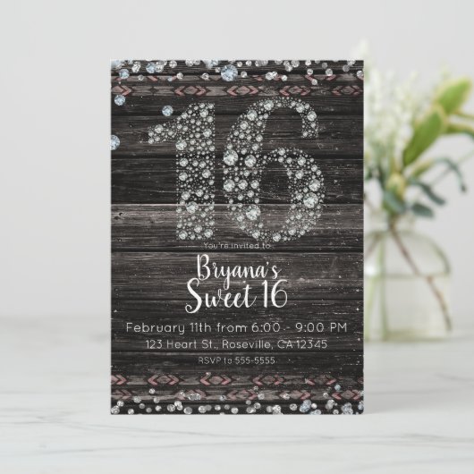 Hout Diamond Bling 16 Zestien Verjaardag Party Fot Kaart (Staand voorkant)
