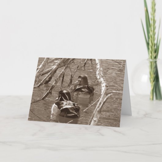 Hout Duck Drake en Hen in Sepia Kaart (Voorkant)