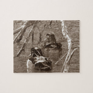 Hout Duck Drake en Hen in Sepia Legpuzzel