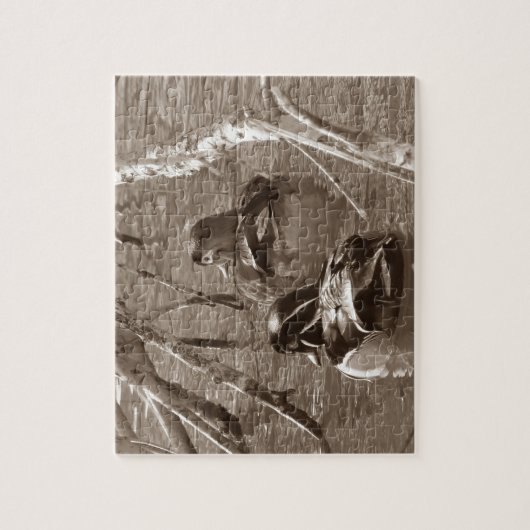 Hout Duck Drake en Hen in Sepia Legpuzzel (Verticaal)