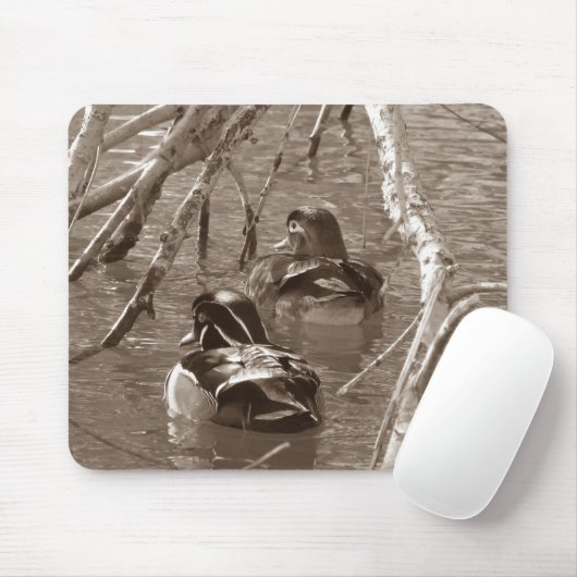 Hout Duck Pair in Sepia Muismat (Met muis)