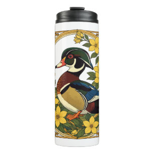 Hout Eend Aix sponsa en Jasmijn Bloemen Illustrat Thermosbeker