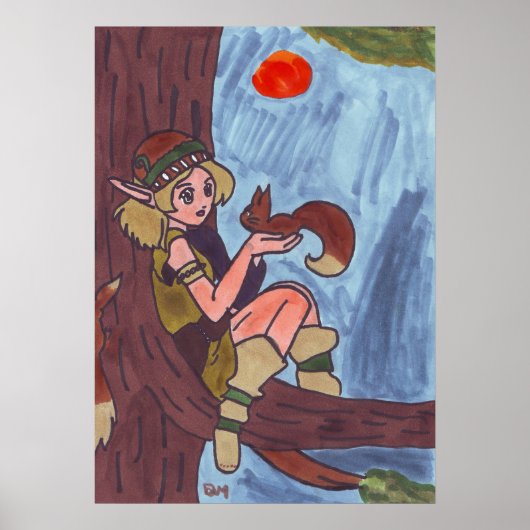Hout Elf met eekhoorn Poster (Voorkant)