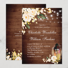 Hout en Blush Rozen en Lantern Waterverf bruiloft Kaart