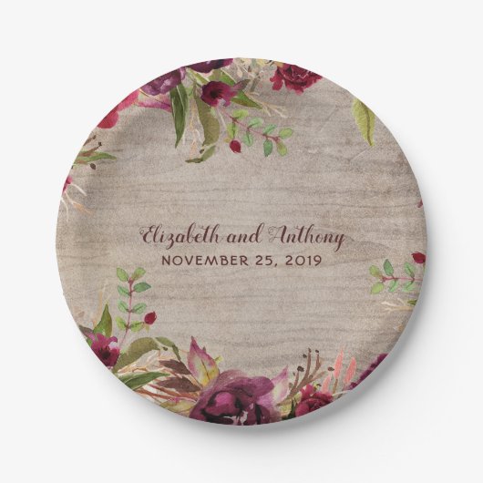 Hout en Bourgogne Bloemen Rustieke Bruiloft Papieren Bordje (Voorkant)