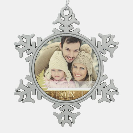 Hout en Gold Fern Aangepaste fotoversiering Tin Sneeuwvlok Ornament (Voorkant)