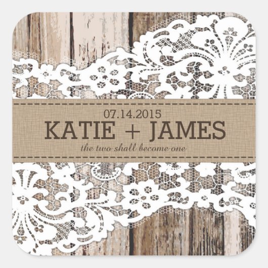Hout en Kant Rustiek Land Bruiloft Label (Voorkant)