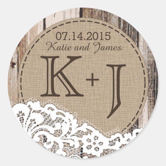 Hout en Kant Rustiek Monogram Bruiloft Label (Voorkant)