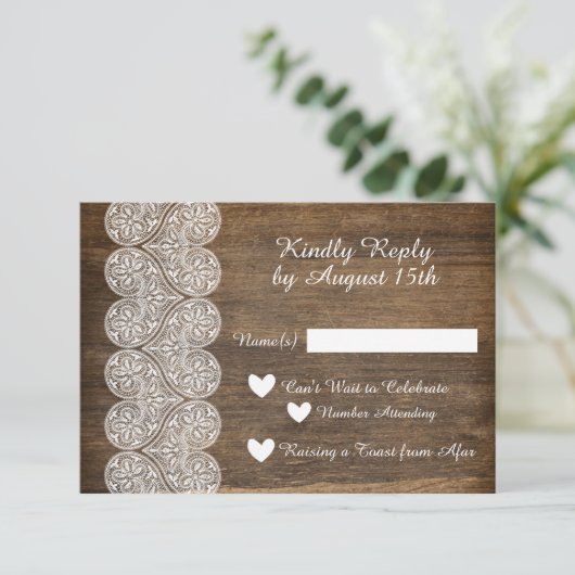 Hout en Lace RSVP voor een trouwe bruiloft Kaart (Staand voorkant)