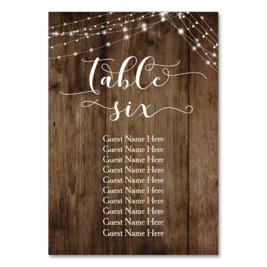 Hout en licht Tabel 6 met gastnamen Kaart (Voorkant)