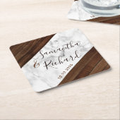 Hout en marmeren bruiloft kartonnen onderzetters (Schuin)