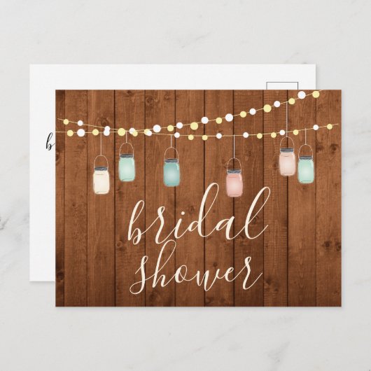 Hout en Mason Jar Lights Rustisch Vrijgezellenfees Uitnodiging Briefkaart (Voorkant / Achterkant)