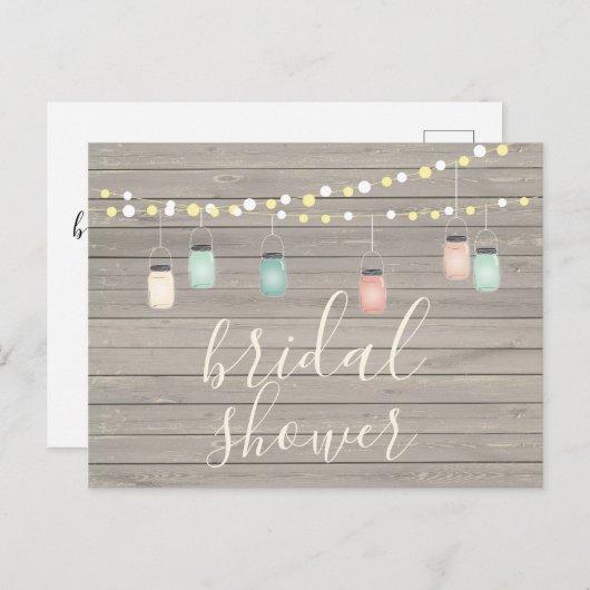 Hout en Mason Jar Lights Rustisch Vrijgezellenfees Uitnodiging Briefkaart (Voorkant / Achterkant)