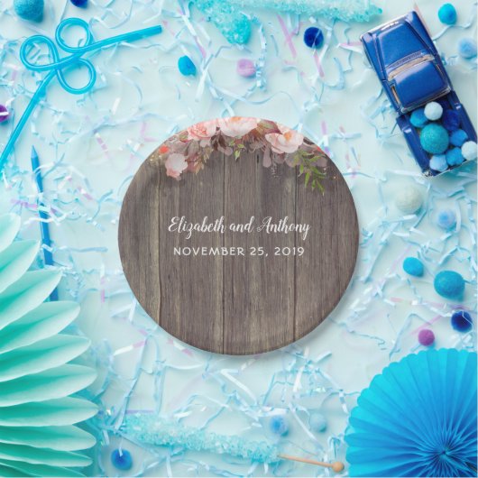 Hout en roze bloemen rustieke bruiloft papieren bordje (Feest)