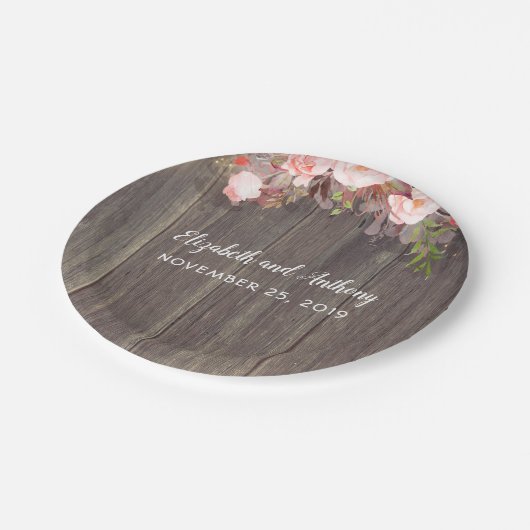 Hout en roze bloemen rustieke bruiloft papieren bordje (Gekanteld)