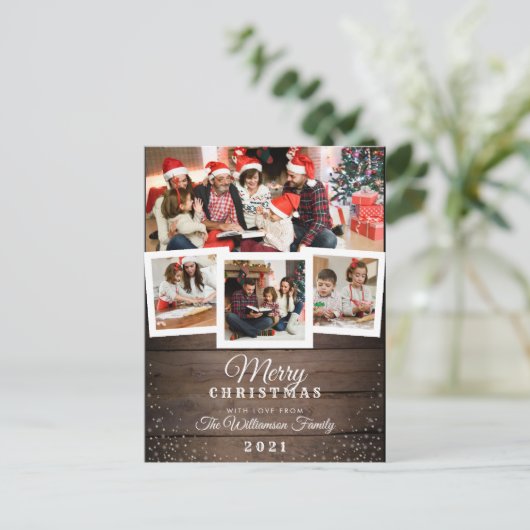 hout en sneeuw| Vakantie 4-fotokaart Feestdagenkaart (Staand voorkant)