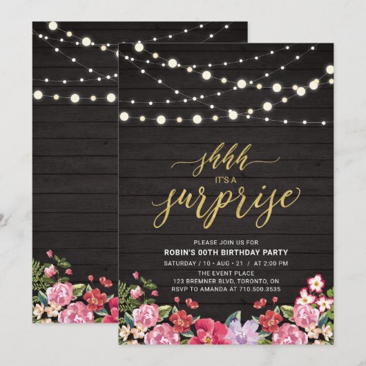 Hout- en strijklampjes Gold Surprise Birthday Part Kaart (Voorkant / Achterkant)