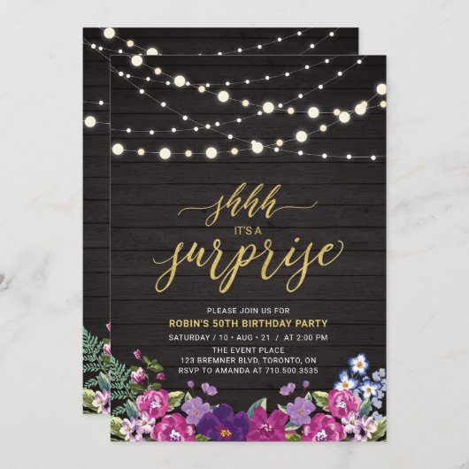 Hout- en strijklampjes Gold Surprise Birthday Part Kaart (Voorkant / Achterkant)