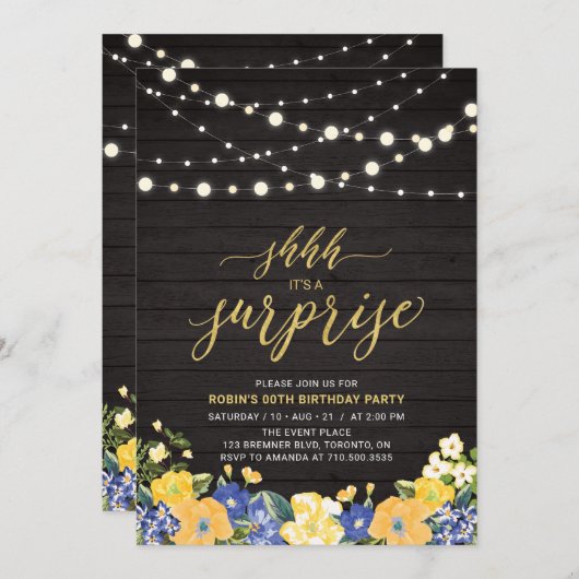 Hout- en strijklampjes Gold Surprise Birthday Part Kaart (Voorkant / Achterkant)