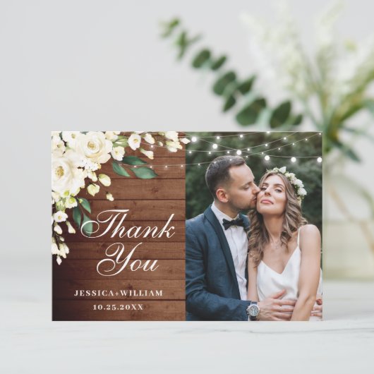 Hout en witte rozen Floral Lantern Foto Bedankkaart (Staand voorkant)