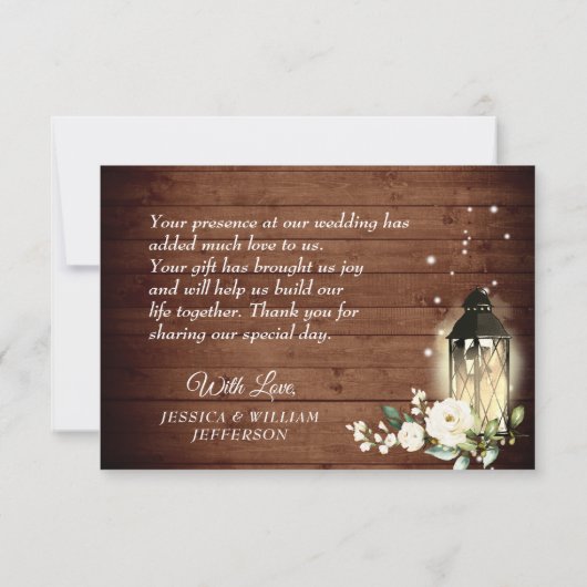 Hout en witte rozen Floral Lantern Foto Bedankkaart (Achterkant)