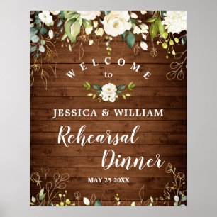 Hout en witte rozen Floral Rehearsal Dinner Sign Poster