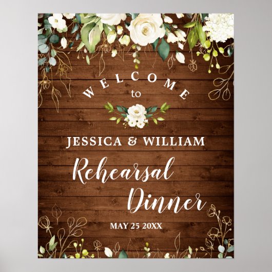 Hout en witte rozen Floral Rehearsal Dinner Sign Poster (Voorkant)