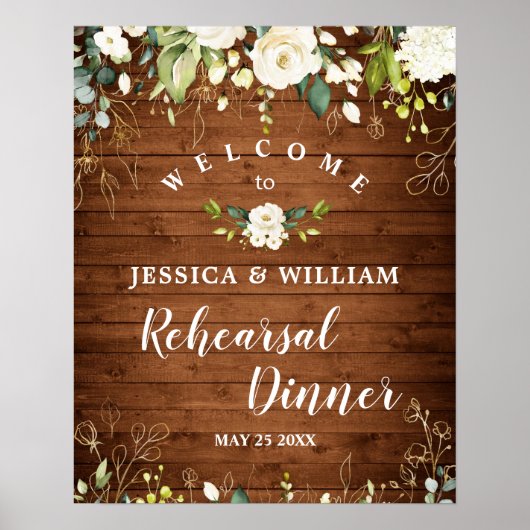 Hout en witte rozen Floral Rehearsal Dinner Sign Poster (Voorkant)