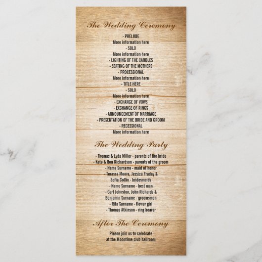 Hout en zonnebloesem bruiloft programma's (Achterkant)