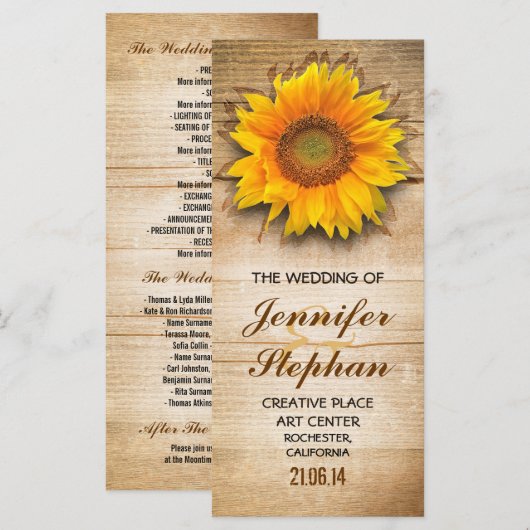 Hout en zonnebloesem bruiloft programma's (Voorkant / Achterkant)