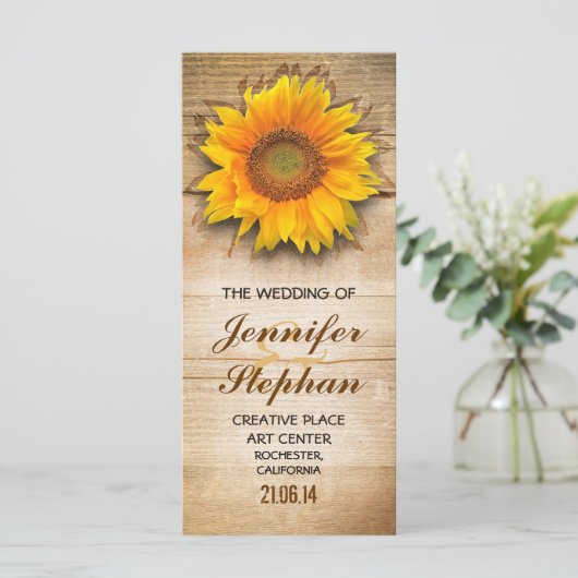 Hout en zonnebloesem bruiloft programma's (Staand voorkant)