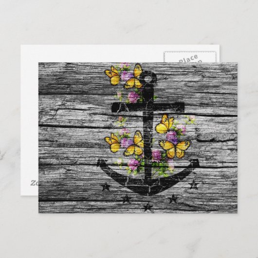  hout en zwart anker met gele vlinder briefkaart (Voorkant / Achterkant)