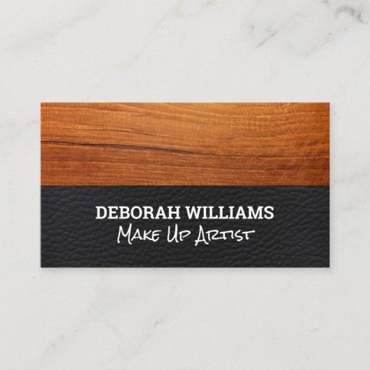 Hout en zwart leder visitekaartje (Voorkant)