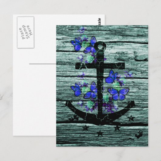 hout en zwarte anker met blauwe vlinders briefkaart (Voorkant / Achterkant)