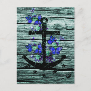 hout en zwarte anker met blauwe vlinders briefkaart