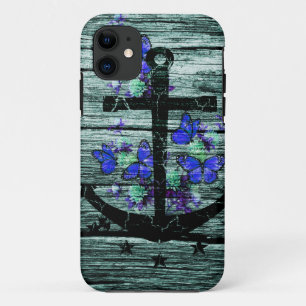 hout en zwarte anker met blauwe vlinders iPhone 11 hoesje