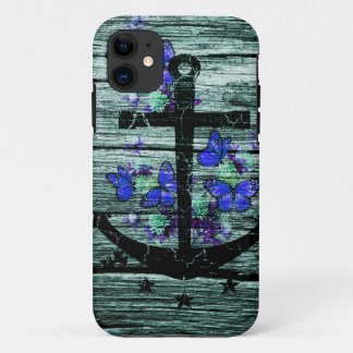 hout en zwarte anker met blauwe vlinders iPhone 11 hoesje