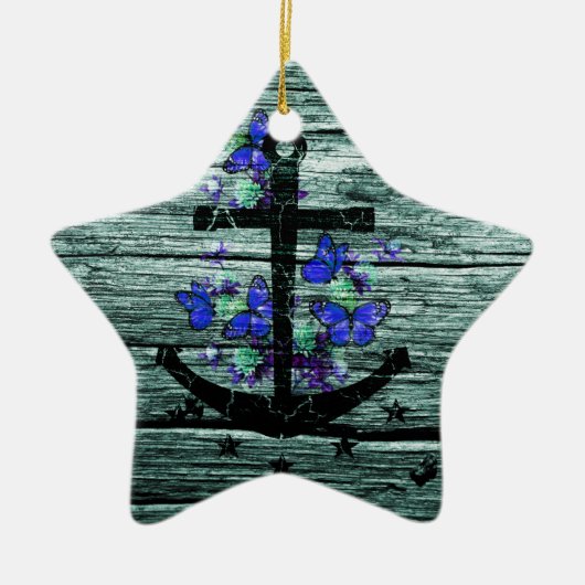  hout en zwarte anker met blauwe vlinders keramisch ornament (Voorkant)