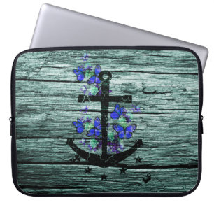 hout en zwarte anker met blauwe vlinders laptop sleeve