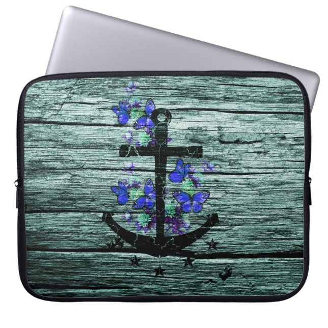  hout en zwarte anker met blauwe vlinders laptop sleeve (Voorkant)