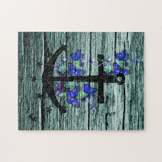  hout en zwarte anker met blauwe vlinders legpuzzel (Horizontaal)