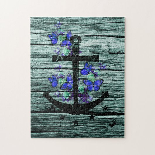  hout en zwarte anker met blauwe vlinders legpuzzel (Verticaal)