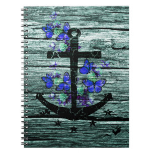  hout en zwarte anker met blauwe vlinders notitieboek