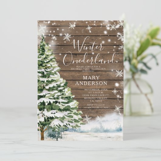 Hout Evergreen Winter Onederland 1e verjaardag Kaart (Staand voorkant)