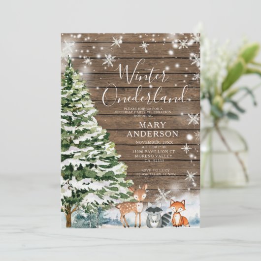 Hout Evergreen Winter Onederland 1e verjaardag Kaart (Staand voorkant)