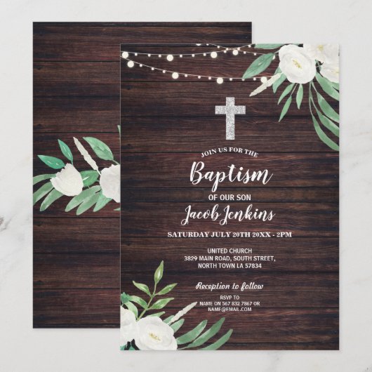 Hout Floral Baptism Green Christening Flower White Kaart (Voorkant / Achterkant)