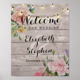 Hout Floral String Lights Wedding Reception Sign Poster