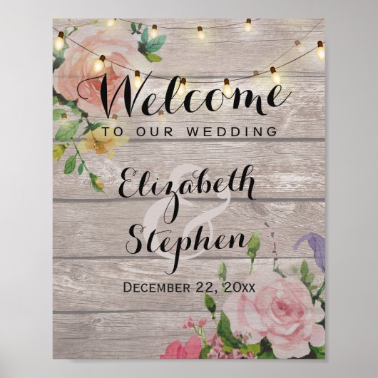 Hout Floral String Lights Wedding Reception Sign Poster (Voorkant)