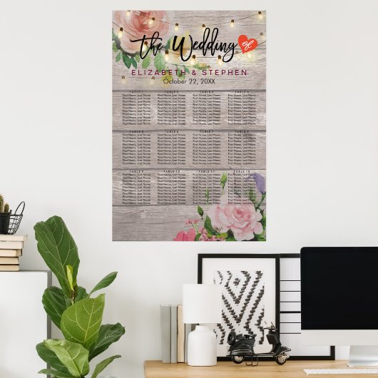 Hout Floral String Lights Wedding Seding Chart Poster (Thuiskantoor)